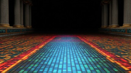 A mesmerizing, illuminated tiled floor in a dark, grand hall with classical columns.