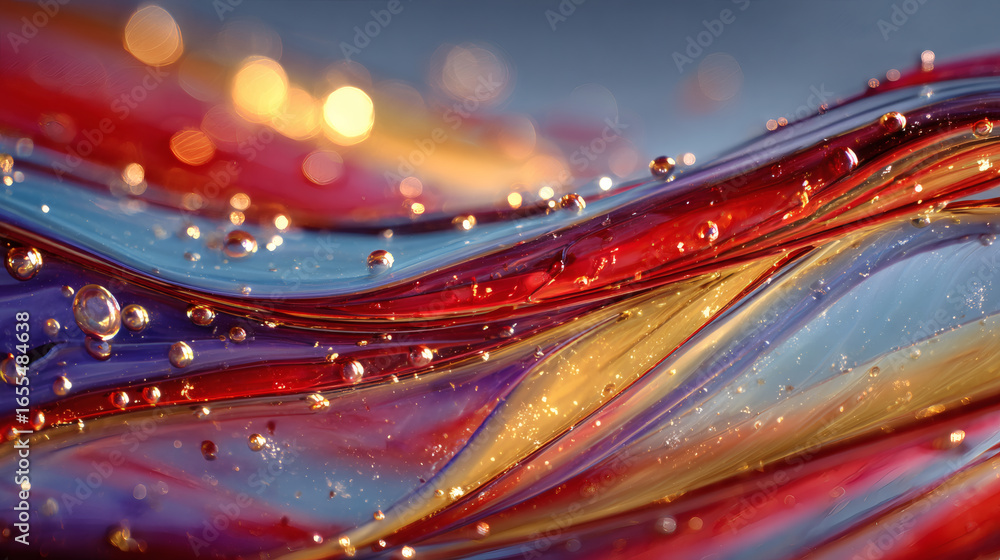 Poster vibrant abstract image featuring cascading liquid layers in red, blue, and gold hues, with shimmerin