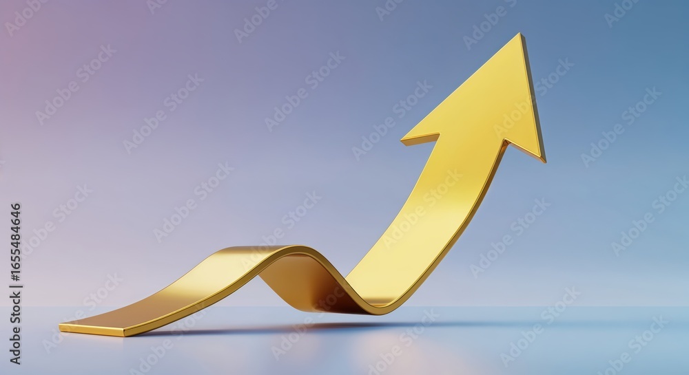 Poster golden ascent: a gleaming golden arrow elegantly curves upwards against a subtle gradient background