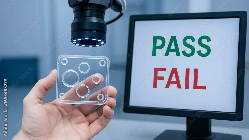 Poster quality control production uses ai for vdo processing industry inspection to ensure transparent plas