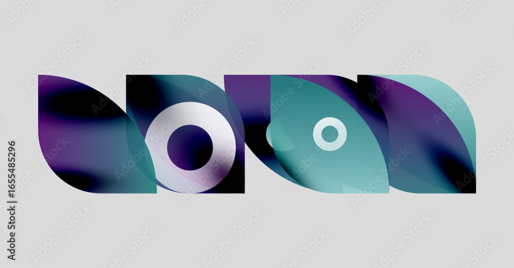 Poster abstract design features overlapping colorful shapes. gradient hues blend purple, teal, white creati