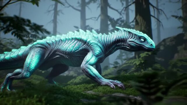 Teal Glowing Reptile in a Dark Forest
