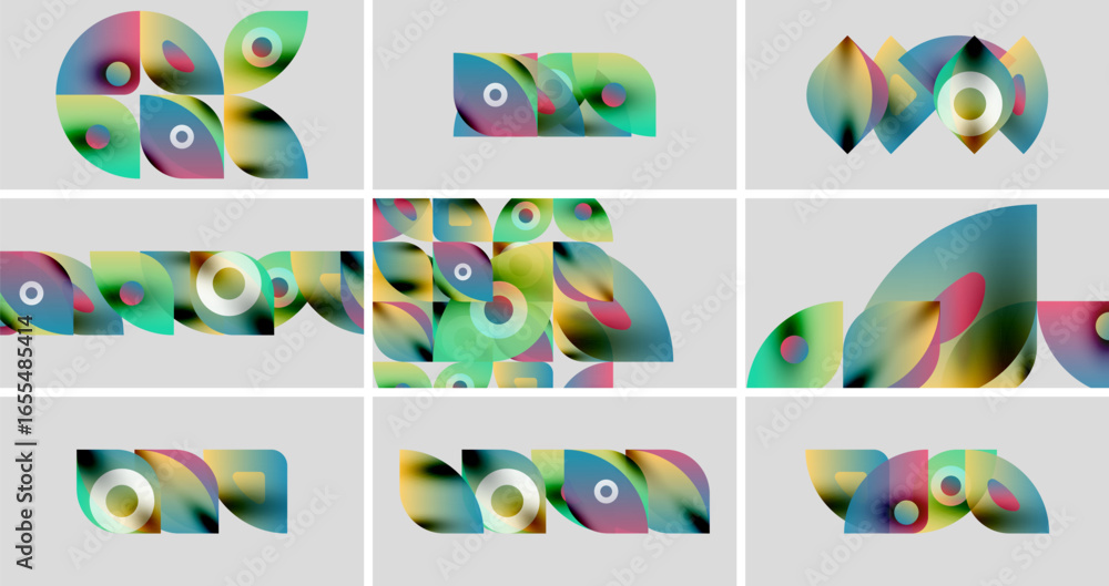 Poster abstract colorful shapes arranged in grid pattern. smooth gradients create dynamic visual effect. mo