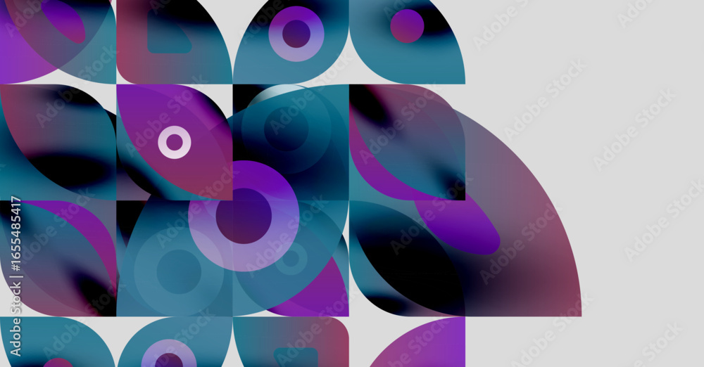 Poster abstract composition. overlapping circles, squares create dynamic visual effect. purple, teal hues d
