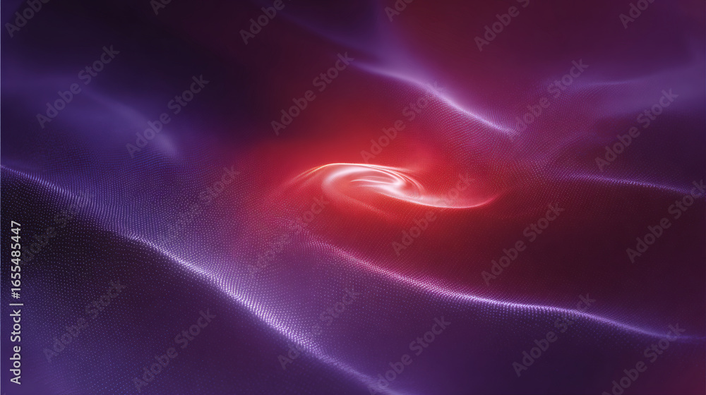 Poster central red aura pulses within rippled violet waves, creating mesmerizing and dynamic abstract scene