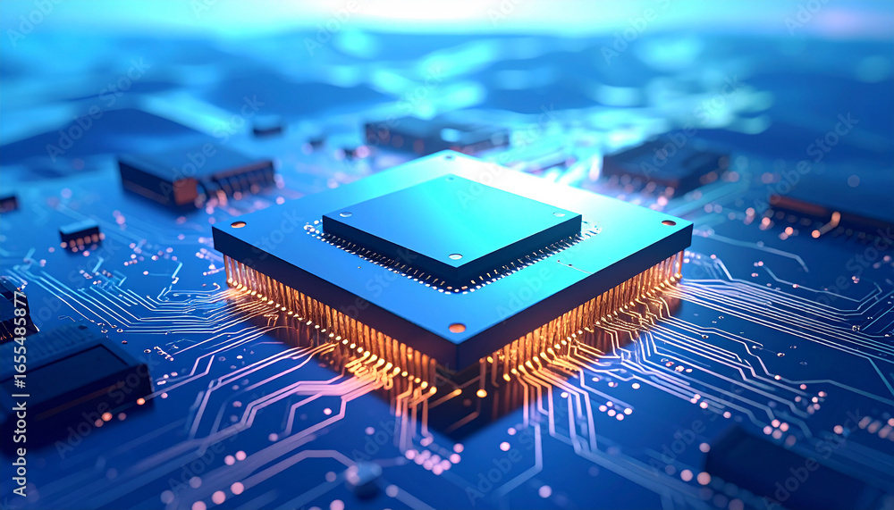 Poster illuminated circuitry: a detailed shot of a computer's cpu. it uses high tech lighting to highlight 