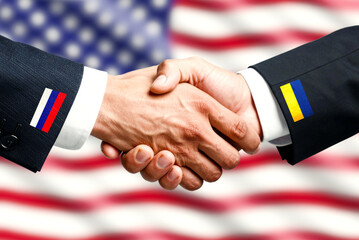 Handshake between Ukraine and Russia and US flag as a symbol of mediation for peace