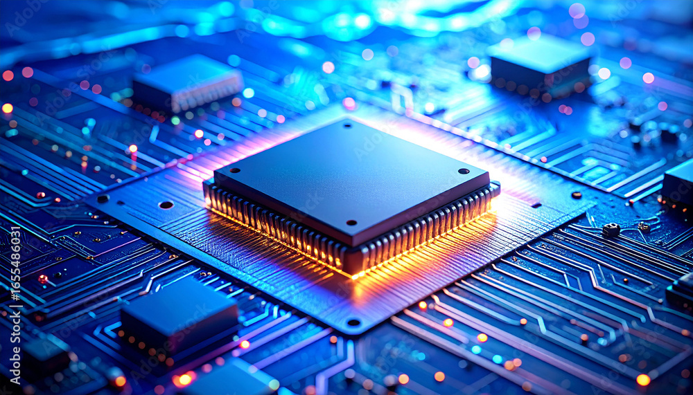 Poster high-tech microchip: a detailed, illuminated macro shot of a high-tech microchip, a core component o