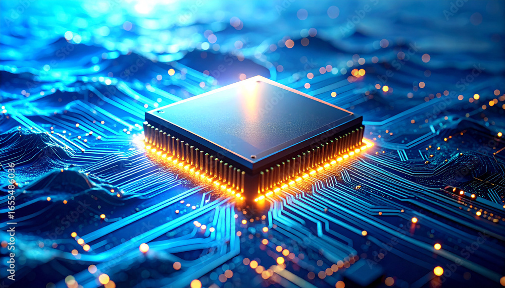 Poster technological marvel: a close-up shot unveils the intricate details of a cutting-edge cpu, its shimm