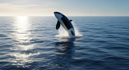Obraz premium an orca whale leaps into the air for a view beyond the sea