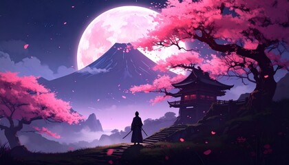 illustration Lone samurai under cherry blossoms – Anime fantasy scene, samurai with katana standing on a hill, glowing full moon in the sky, cherry blossom petals drifting in the wind