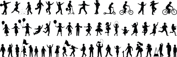 Children playing outdoors, kids riding scooters, jumping, running, holding balloons, cycling, skipping rope, silhouettes of happy active children, childhood fun, group activities