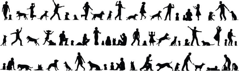 Children and dogs silhouette, kids playing with pets, family activities, walking, sitting, training, vector illustration, friendship, black isolated design