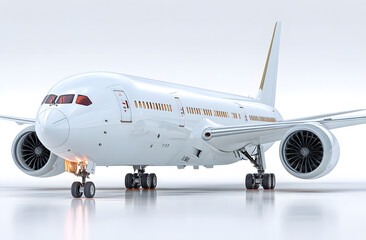 Fototapeta premium Side view of white passenger airplane on white background. Commercial airliner with jet engines for transportation and travel. Aircraft with wings, fuselage, tail ready for takeoff. 3D render model.