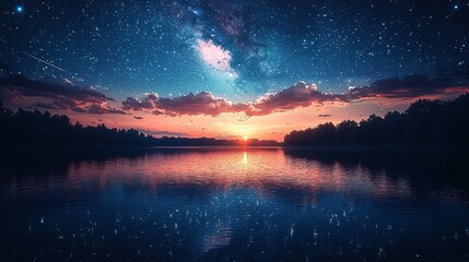 Fototapeta premium Breathtaking Sunset Over Serene Lake with Starry Night Sky