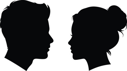 Silhouettes of two people facing each other, distinct hairstyles, profile view, human figures, posture variation, black isolated design, white background, side view
