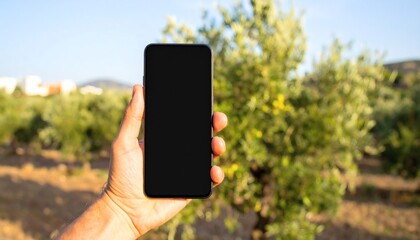 Natural daylight &ndash; Human hand holding a smartphone vertically, front view, blank black screen, blurred outdoor background with bokeh.
