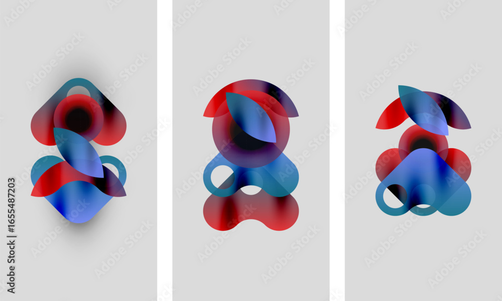 Poster abstract artwork. three panels display overlapping colorful shapes, reds, blues, purples. soft gradi