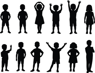 Children silhouettes, kids standing, group of boys and girls, childhood illustration, playful kids, school children, happy activity, friendship, fun together