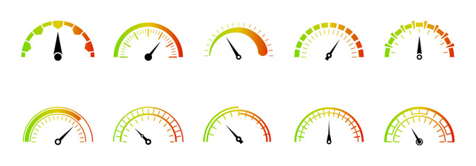 collection of twelve speedometer icons with varying levels of green, yellow, and red color gradients indicating different performance levels.