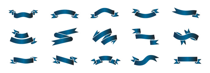 collection of fifteen blue ribbon banner designs suitable for various applications.