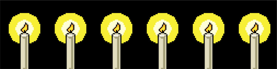 Pixel candles vector for light, hope, and ambiance in a retro pixelated style. Useful for illustrating warmth, celebration, and spiritual or nostalgic themes.