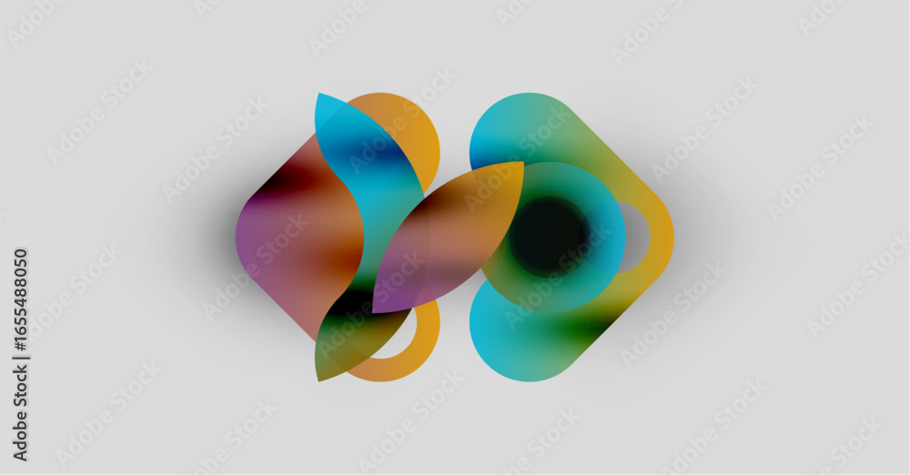 Poster abstract colorful shapes overlap, creating blurred visual effect. soft gradients suggest movement, l