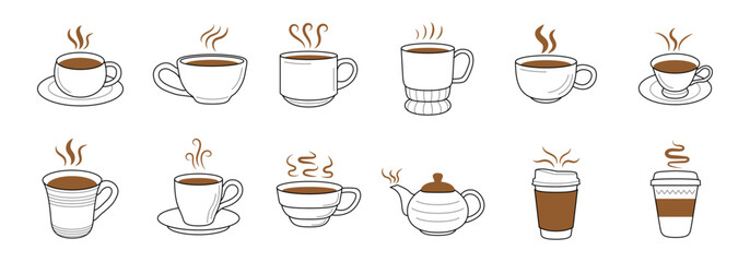 collection of line art illustrations depicting various types of hot coffee drinks served in different cups, mugs, and a to-go container.