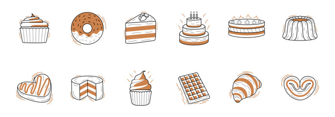 A collection of illustrated bakery items including cakes, cupcakes, pastries, and cookies, in a simple line art style.