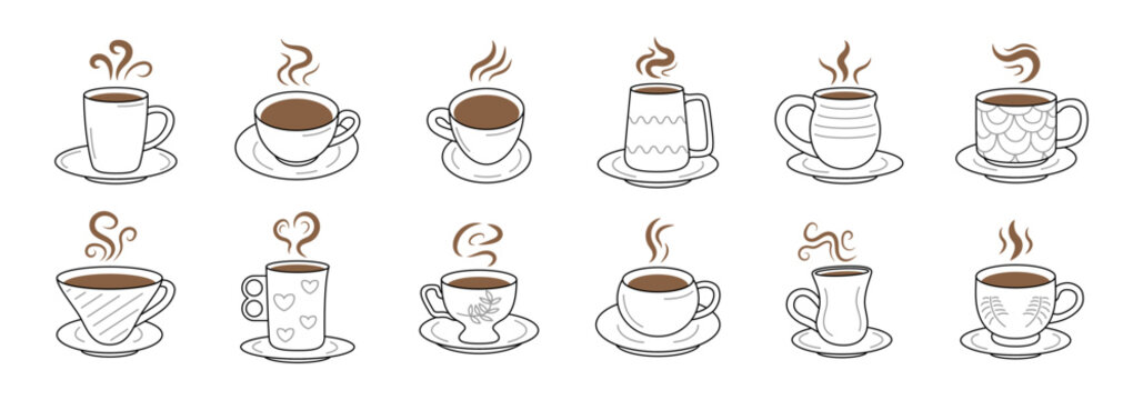 A collection of illustrated coffee cups showcasing diverse designs and styles served with saucers.
