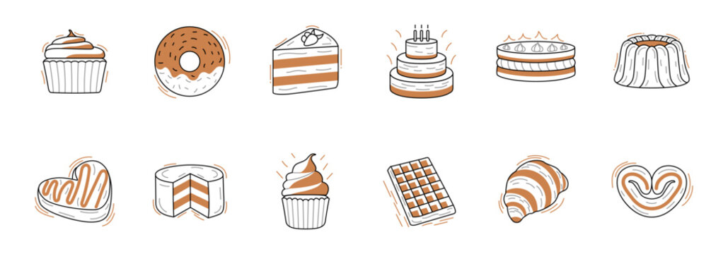 A collection of illustrated bakery items including cakes, cupcakes, pastries, and cookies, in a simple line art style.
