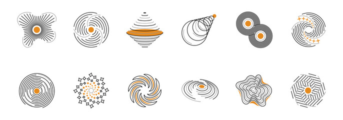 Set of unique abstract designs featuring swirling patterns in black, orange, and grey tones.