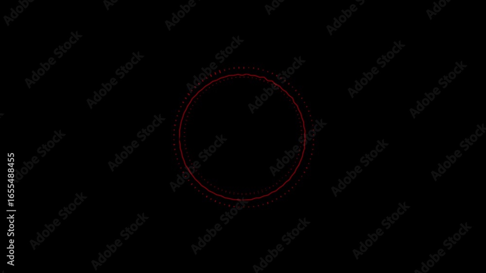 Poster abstract red circular form with pulsating lines and dots on a black background. represents audio equ