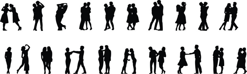 Couple silhouettes, romantic love, man and woman together, people in love, relationship illustration, dancing couples, romantic moment, intimate embrace, affection, passion