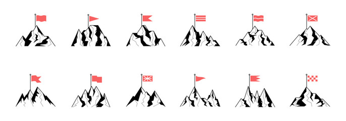 A set of graphic illustrations depict mountains with various flags on their peaks symbolizing achievement and success.