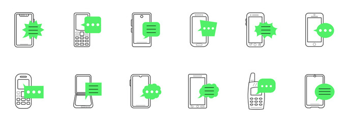 Set of mobile phone messaging technology from older models to modern smartphones.
