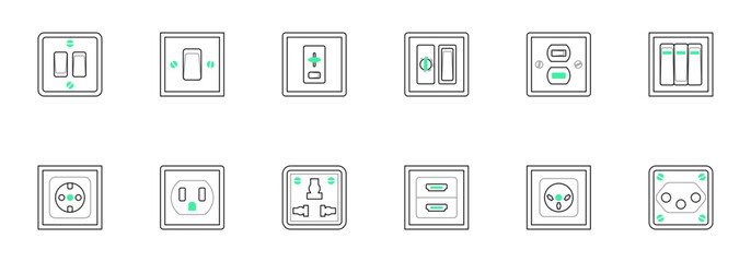 A collection of various illustrated electrical switches and outlets of different types and configurations.