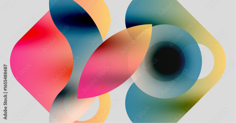 Poster abstract composition featuring overlapping colorful shapes. soft gradients create fluid forms, blend