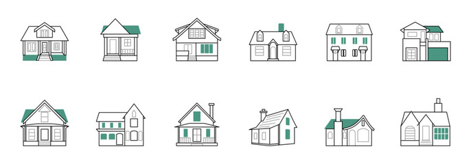 Set of different house exterior designs in a simple line art style.