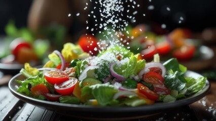 Fresh salad being seasoned