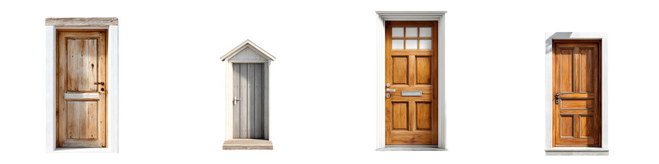 Collection of Four Isolated Wooden Doors on White Background