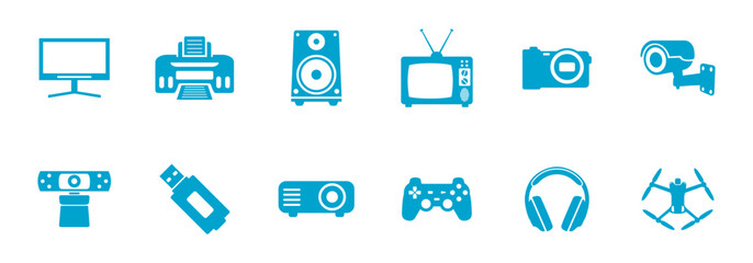 set of blue icons representing various modern electronic devices and technologies.