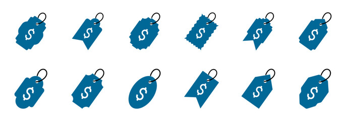 set of variations of blue price tags each featuring a dollar sign, illustrating diverse design options for cost representation.