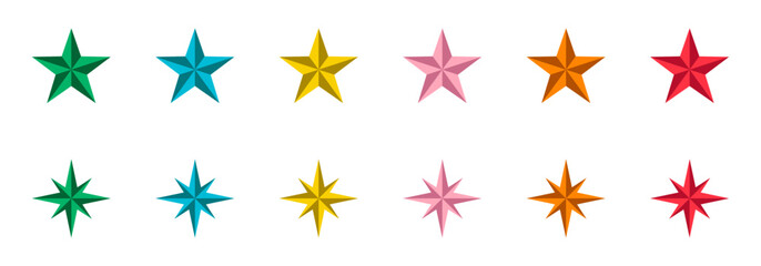 Set of stylized stars in various colors arranged in two rows; six five-pointed stars and six eight-pointed stars.