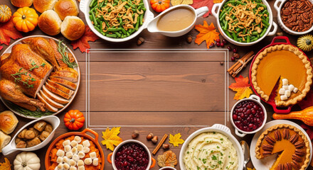 Thanksgiving dinner spread with turkey, pies, and autumn decor on wooden table