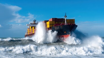 Container ship navigating through turbulent ocean waves under a bright blue sky, showcasing maritime transport