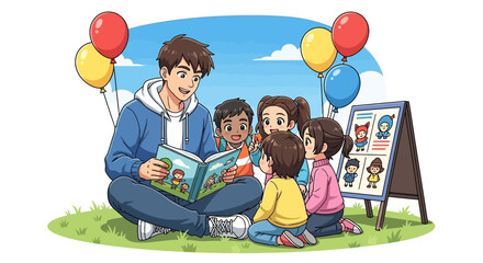 Illustration of a man reading to a group of children surrounded by balloons