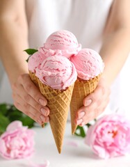 Pink Ice Cream Cones Held by Hands