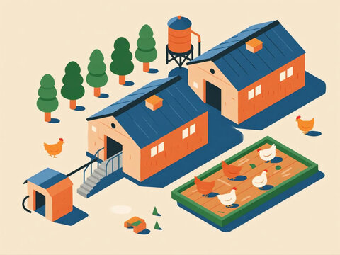 Vector flat design of poultry farm with rows of chicken coops, hens, and feeding systems, clean and colorful