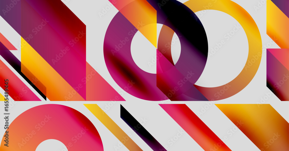 Poster abstract composition. vibrant gradients, geometric shapes overlap creating dynamic visual effect. mo